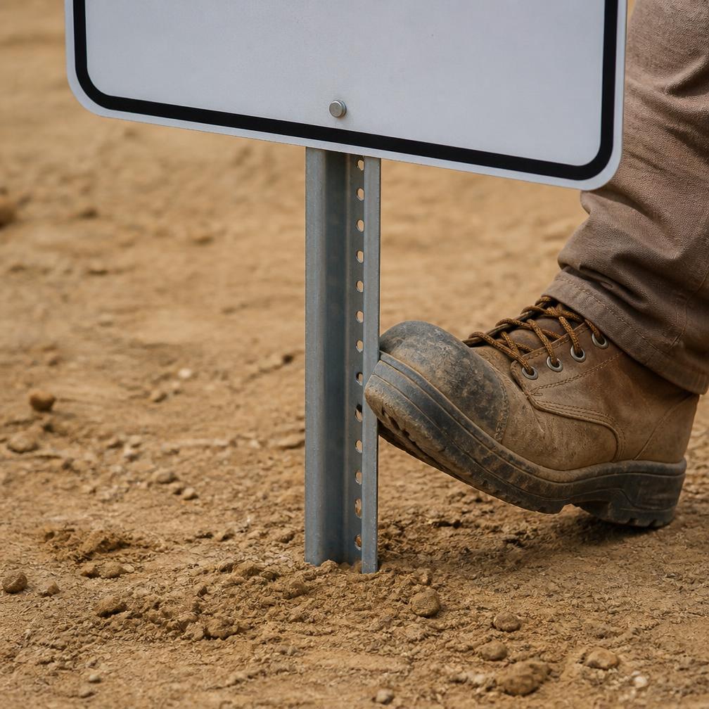 A heavy-duty sign stake being pushed into hard, compacted ground